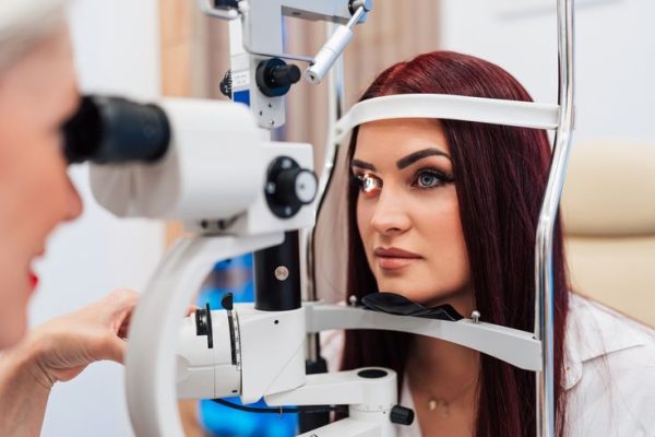 Beautiful,Female,Doctor,Ophthalmologist,Is,Checking,The,Eye,Vision,Of